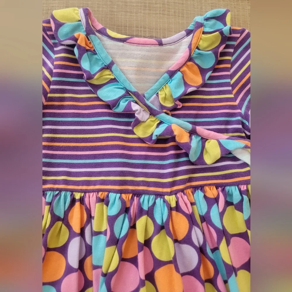 Kelly's Kids Girls Striped Polka Dot Ruffle Tunic Dress Purple Multi Size 3/4